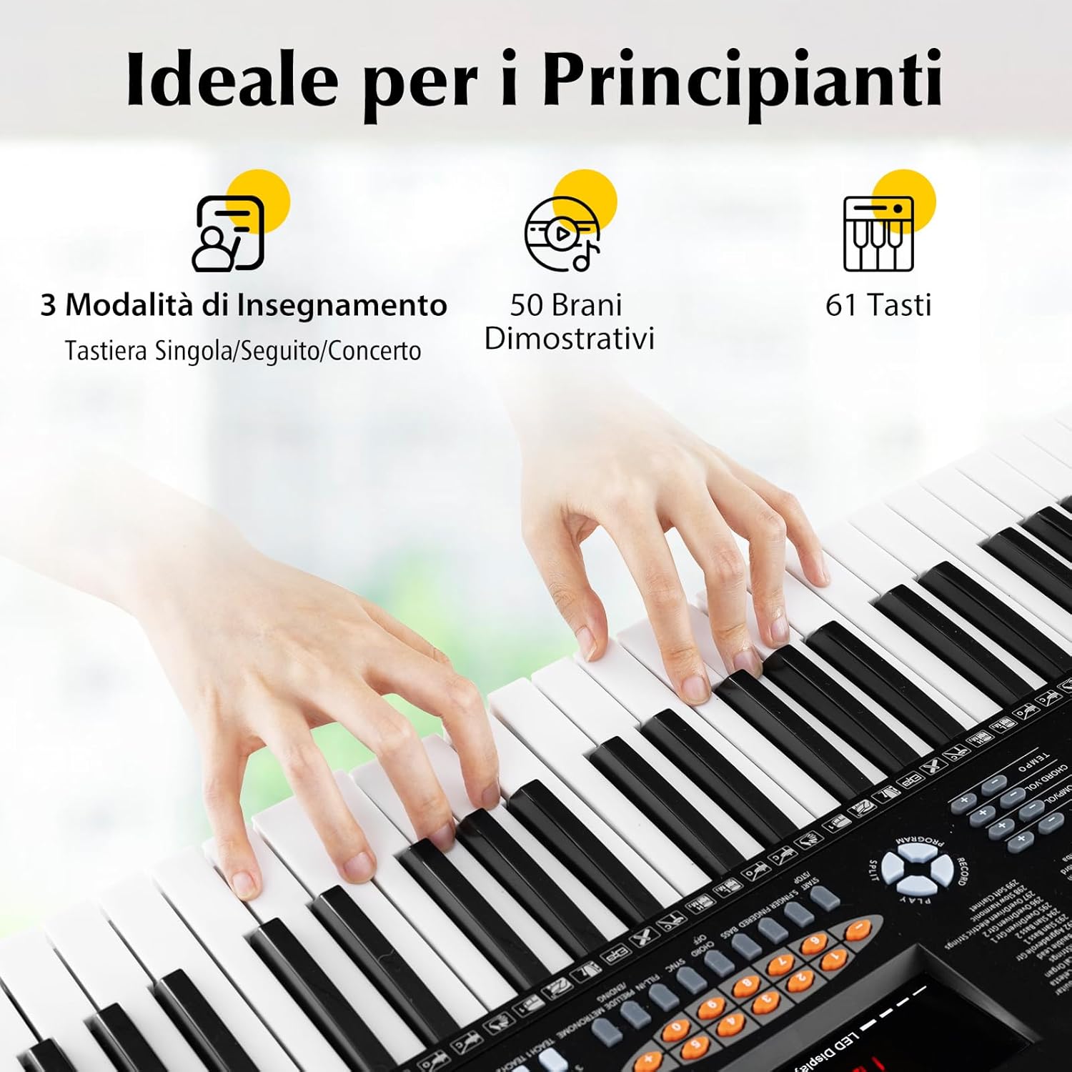 Pianoforte con Tastiera a 61 Tasti, Tastiera Digitale per Principianti con Microfono e Leggio, Pianola Elettrica con 300 Ritmi, 300 Timbri, 50 Canzoni Demo e 3 Modalità di Insegnamento