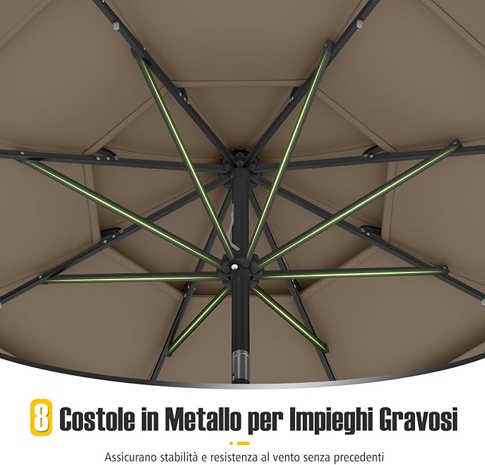 Ombrellone da Patio 313 cm con 32 Luci LED, Tetto Ventilato a 3 Piani, Inclinazioni Regolabili, Manovella, 8 Stecche, Ombrellone da Giardino, Piscina, Spiaggia