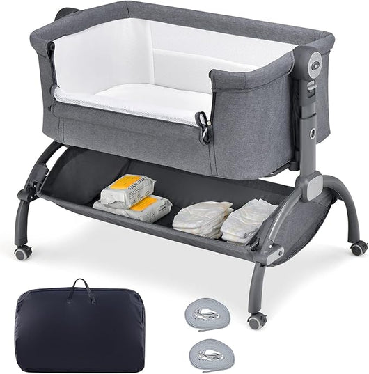 Culla Neonato, Culla Co-Sleeper Regolabile in Altezza a 7 Livelli, Ruote Bloccabili, Cesto Portaoggetti, Materasso e Baldacchino, Lettino Portatile e Pieghevole per Neonati 0-6 Mesi (Grigio)