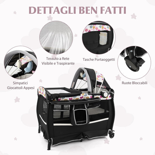 4 in 1 Lettino da Campeggio con Fasciatoio, Lettino Pieghevole per Bambini con Materasso, Centro Neonati con Culla, Box Musicale, Cappottina Regolabile, Borsa da Viaggio (Cuore)