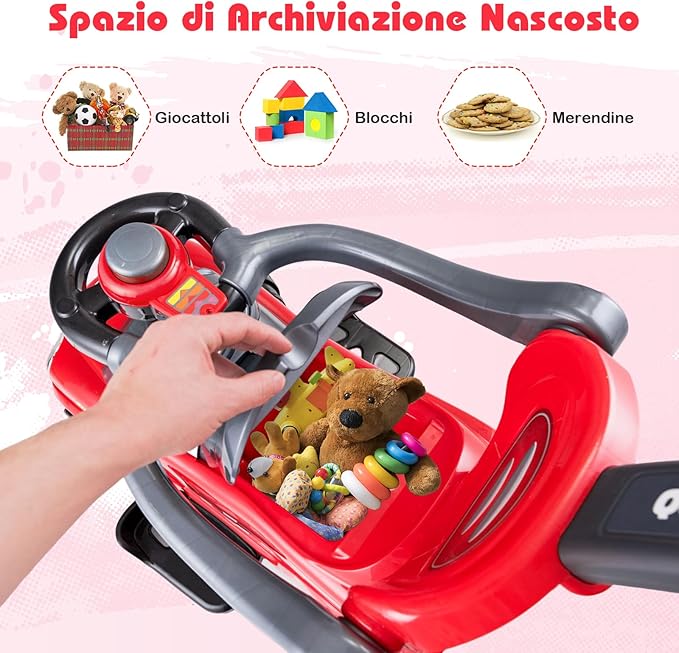 3 in 1 Macchina Cavalcabile a Spinta per Bambini, con Guardrail Staccabili e Maniglia Clacson, Spazio di Archiviazione Nascosto e Design Anti-ribaltamento, Ideale per Bambini 2-6 Anni (Rosso)