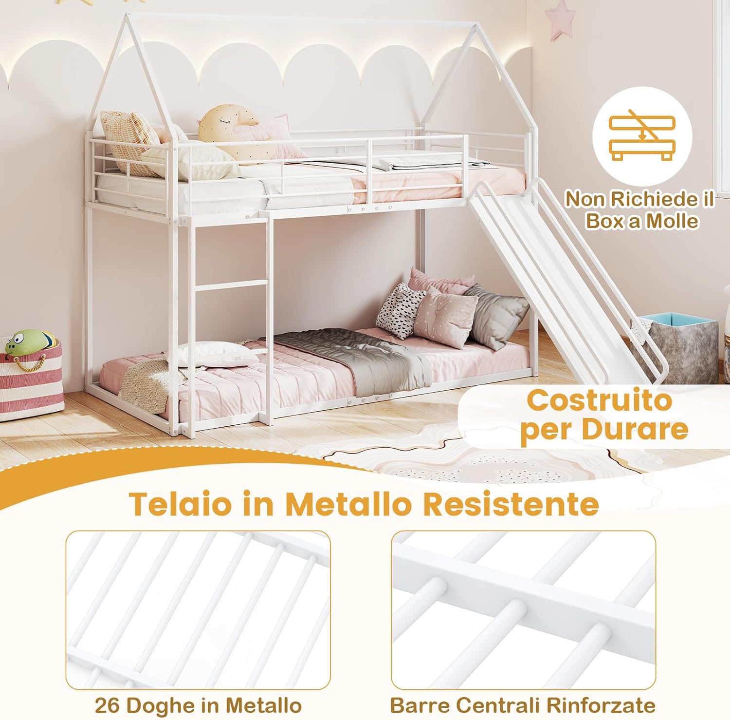 Letto a Castello per Bambini 90x200 cm, Letto Montessori con Scivolo Scala, Struttura in Metallo e Sponda di Sicurezza, Forma di Casa, senza Bisogno di Rete a Molle, Portata 110 kg (Bianco)