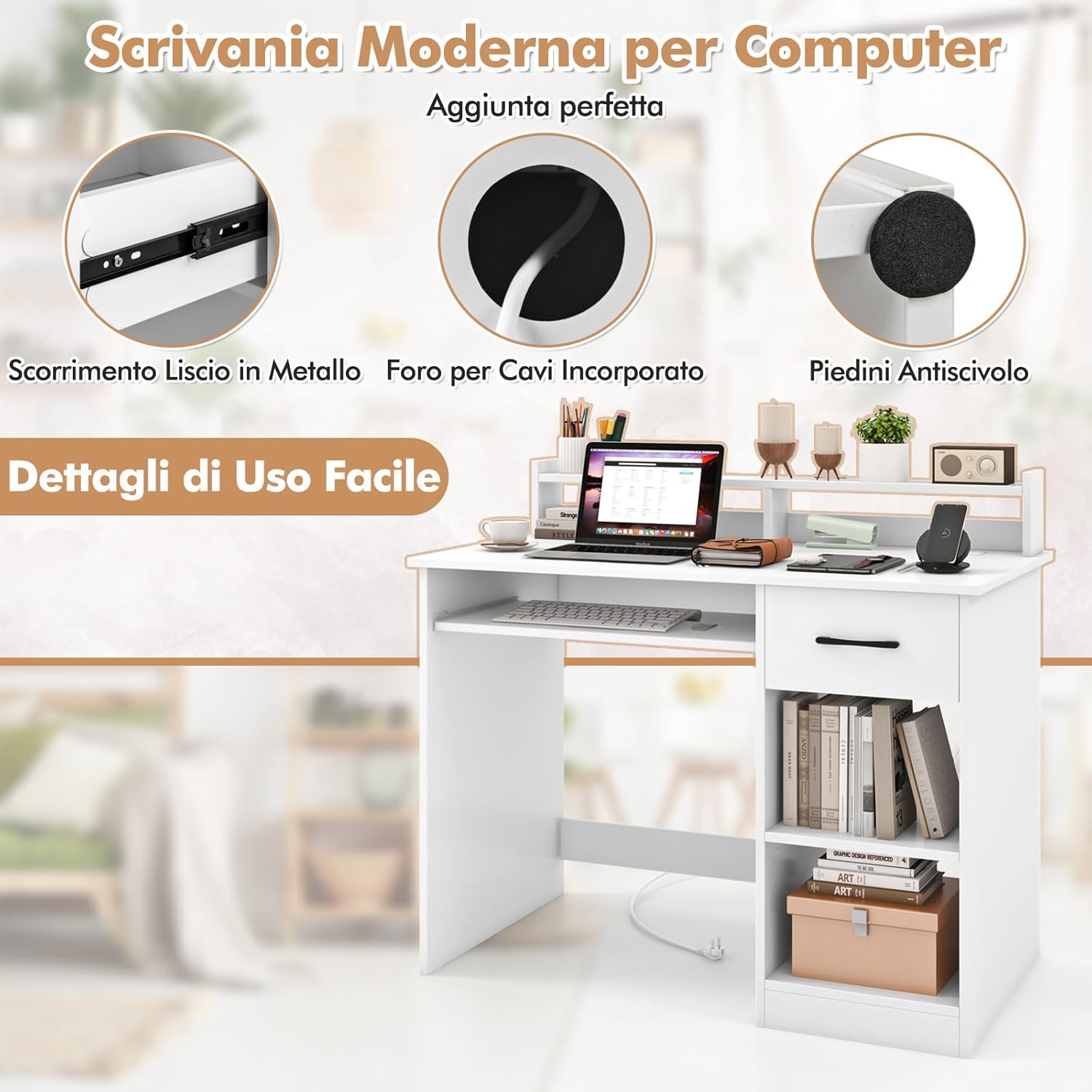Scrivania per Computer con 2 Prese di Corrente e Prese USB, Scrivania Ufficio con Cassetto e Ripiano Estraibile per Tastiera, Scrivania Gaming con Ripiano Regolabile, 105 x 55 x 89 cm, Bianco
