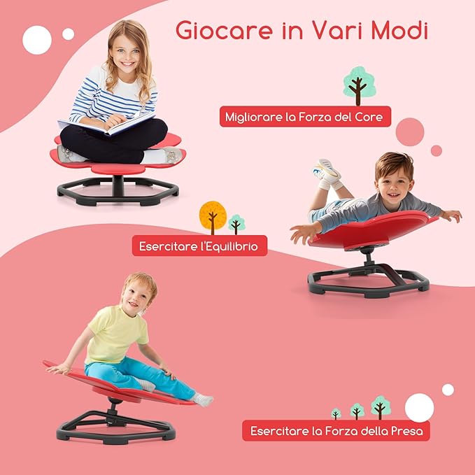 Sedia Girevole a 360° per Bambini, Sedia Sensoriale con Base in Metallo Antiscivolo per Allenare la Coordinazione Fisica e l'Equilibrio, Giocattolo per Cameretta (Rosso,Fiore)