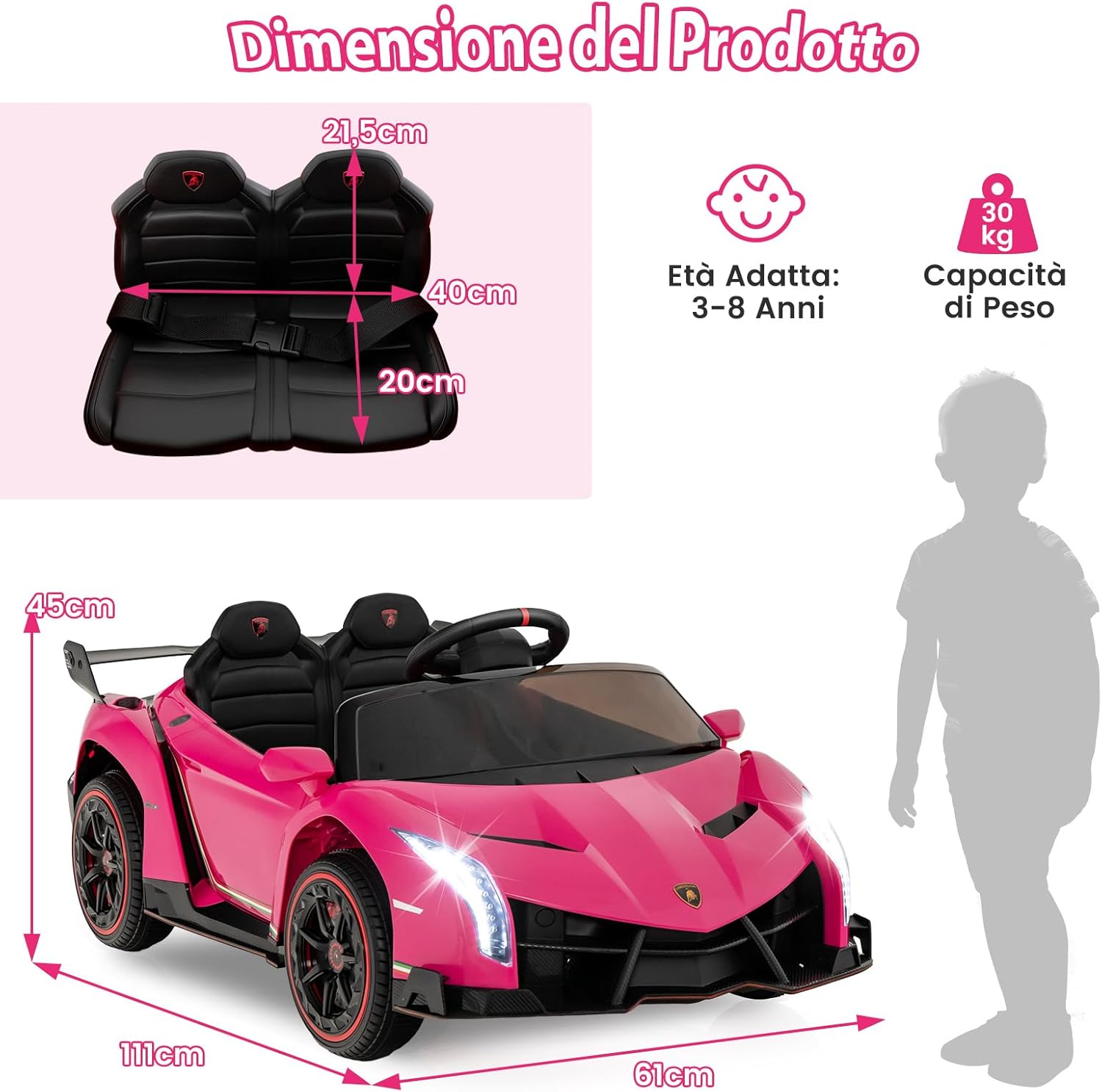 Lamborghini Macchina Elettrica per Bambini, Auto Elettrica Cavalcabile con Telecomando Luci LED, 3 Velocità, 3-6 km/h, Modalità Dondolo, per Bambini 3-8 Anni (Rosa)
