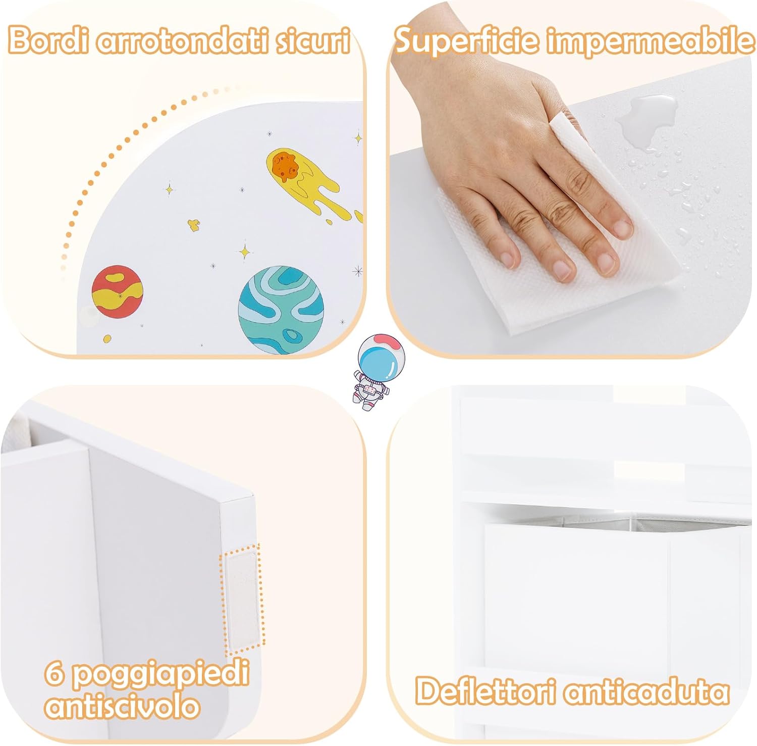 Armadio per Bambini, Scaffale di Legno con 3 Livelli e 5 Scompartimenti, 2 Cassetti in Tessuto e 3 Spazi per Giocattoli e Libri, Scaffale Verticale per Bambini, Bianco (Astronauta)