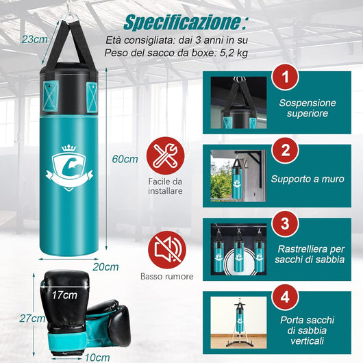 Set sacco da boxe appeso per bambini, Con guantoni da boxe 8 Once, Sotto guanti e borsa, Imbottitura sostituibile, Per allenamenti di karate kickboxing taekwondo, per bambini 3+ anni, Verde