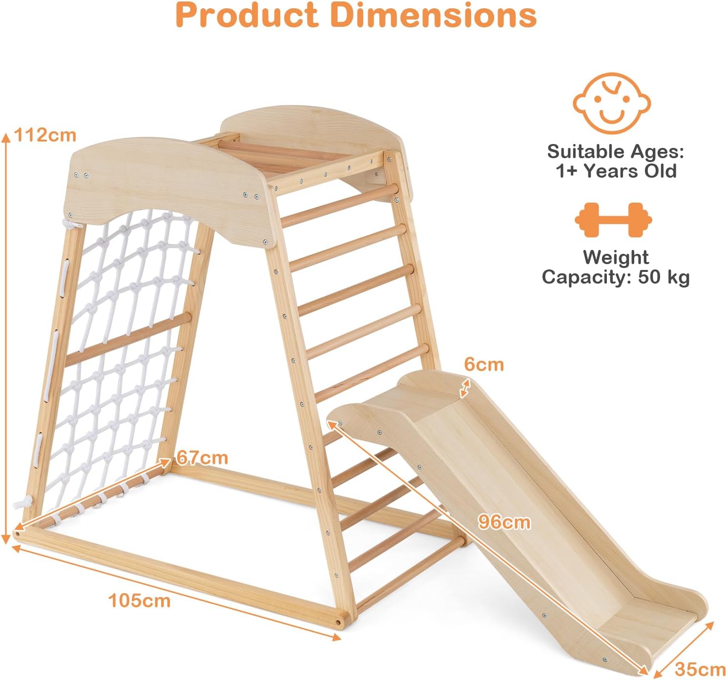 6 in 1 Struttura di Arrampicata, Triangolo da Arrampicata con Scivolo, Barra per Trazioni e Rete per Arrampicata, Parco Educativo per bambini per Interni, 1+ Anno, 105 x 67 x 112 cm (Naturale)