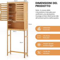 Scaffale Bagno in Bambù 170cm sopra WC, Mobile Bagno Salvaspazio con 2 Porte e Mensola Aoerta, Organizzatore sopra Gabinetto per Lavanderia, Naturale
