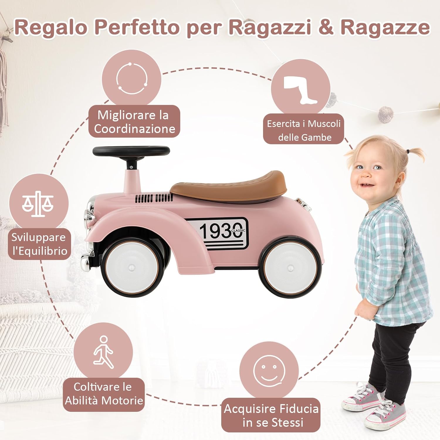 Macchinina Cavalcabile a Spinta per Bambini, Macchinina Giocattolo con Spazio di Archiviazione Ruote e Adesivi, Regalo per Bambini 18-36 Mesi (Rosa)