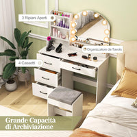 Toeletta da Trucco con Luci, Set Tavolo da Trucco e Sgabello con Stazione di Ricarica, Luci LED Regolabili a 3 Colori, 4 Cassetti e Ripiani di Stoccaggio Aperti