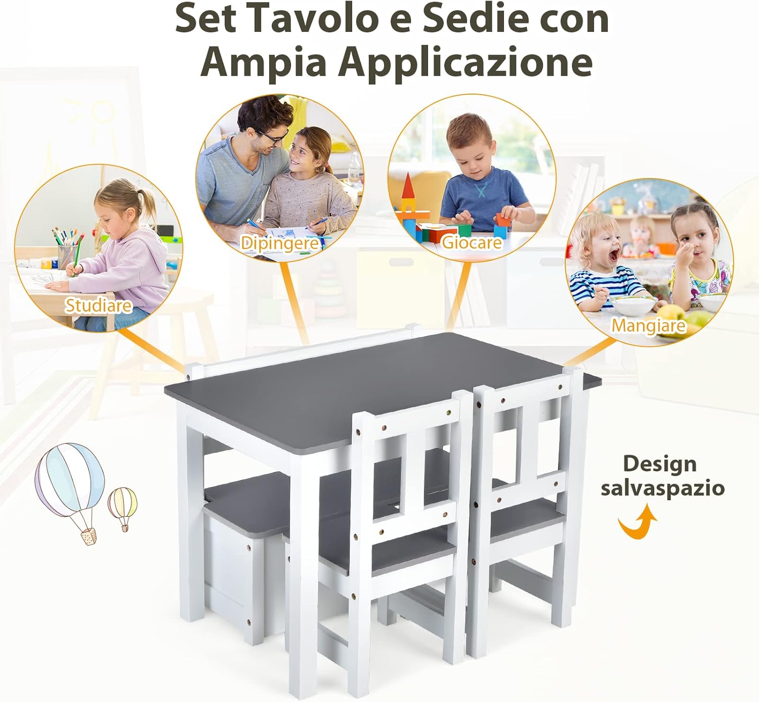 Set 4 Pezzi Tavolo e Sedie per Bambini, Set Tavolo Attività di Legno 2 in 1 per Bambini con 2 Sedie e 1 Panca, Per Bambini per Giocare Disegnare Leggere e Mangiare (Grigio)