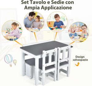 Set 4 Pezzi Tavolo e Sedie per Bambini, Set Tavolo Attività di Legno 2 in 1 per Bambini con 2 Sedie e 1 Panca, Per Bambini per Giocare Disegnare Leggere e Mangiare (Grigio)