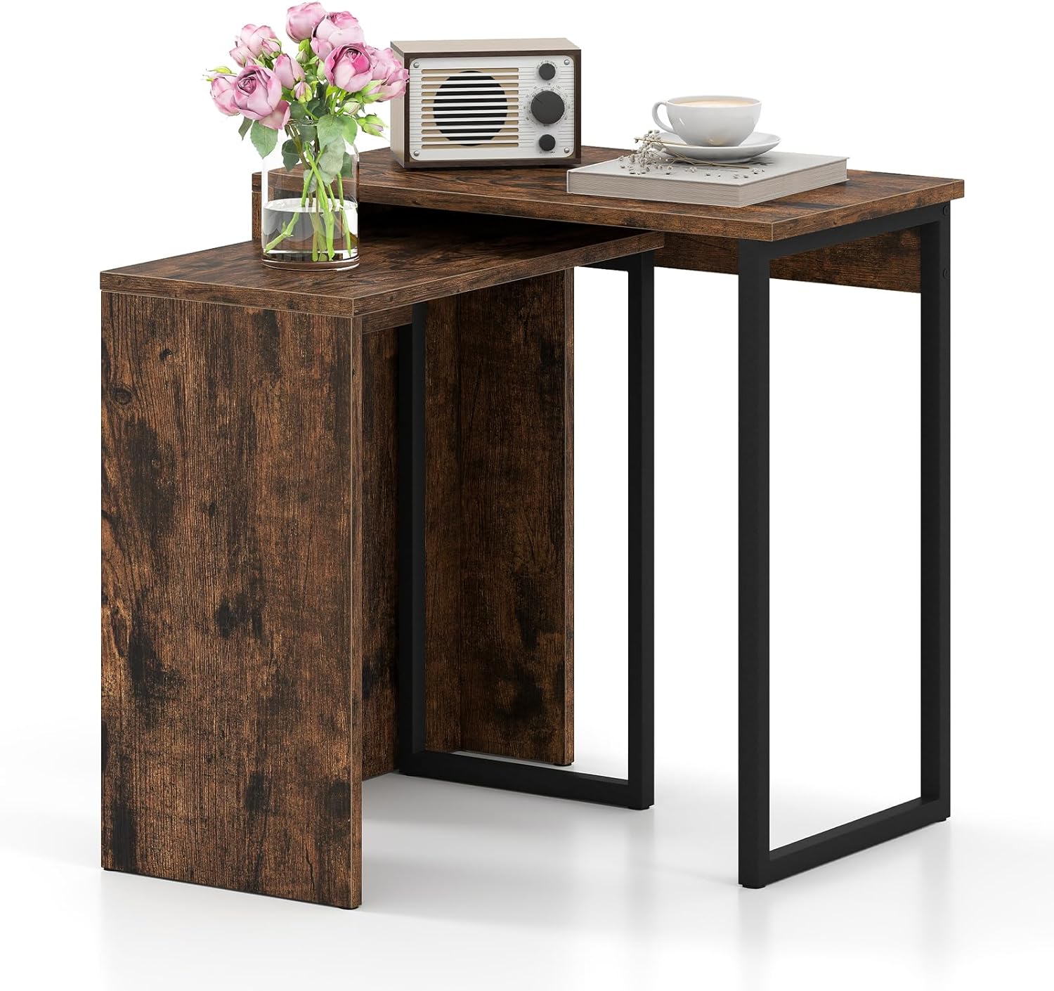 Set di 2 Tavolini da Caffè Impilabili, Tavoli Laterali per Divano con Piano in Finta Legno e Struttura in Metallo, Tavoli per Salotto, Studio e Camera da Letto, Marrone