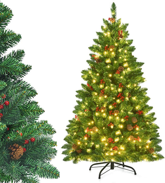 Albero di Natale da 135/195 cm, Albero di Natale Artificiale con 300/450 Luci LED Bianco Caldo, 516/1100 Rami, 32/56 Pigne e 32/56 Bacche Rosse e Base in Metallo, Verde (135cm)