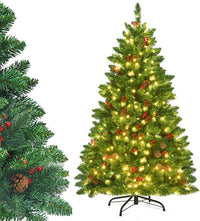 Albero di Natale da 135/195 cm, Albero di Natale Artificiale con 300/450 Luci LED Bianco Caldo, 516/1100 Rami, 32/56 Pigne e 32/56 Bacche Rosse e Base in Metallo, Verde (195cm)