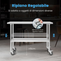 Tavolo da Lavoro in Acciaio Inox, con 4 Ruote Bloccabili Gambe Zincate e Ripiano Regolabile, Tavolo Multiuso per Cucina Ristorante e Lavanderia, 122 x 61 cm, Argento