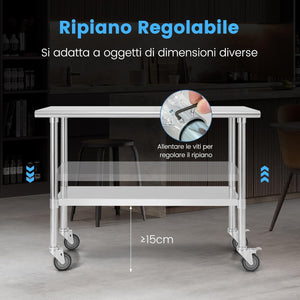 Tavolo da Lavoro in Acciaio Inox, con 4 Ruote Bloccabili Gambe Zincate e Ripiano Regolabile, Tavolo Multiuso per Cucina Ristorante e Lavanderia, 122 x 61 cm, Argento