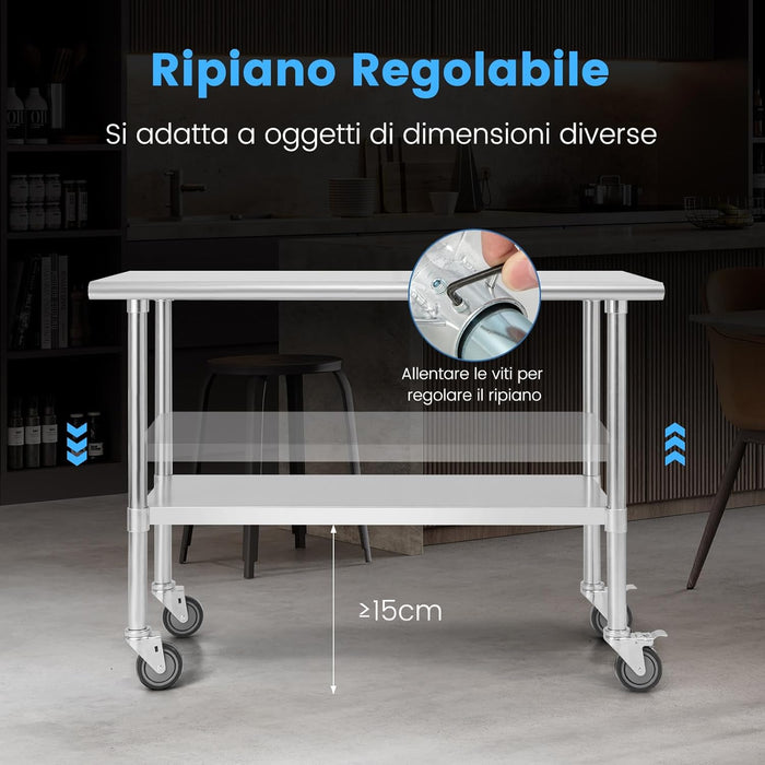 Tavolo da Lavoro in Acciaio Inox, con 4 Ruote Bloccabili Gambe Zincate e Ripiano Regolabile, Tavolo Multiuso per Cucina Ristorante e Lavanderia, 122 x 61 cm, Argento