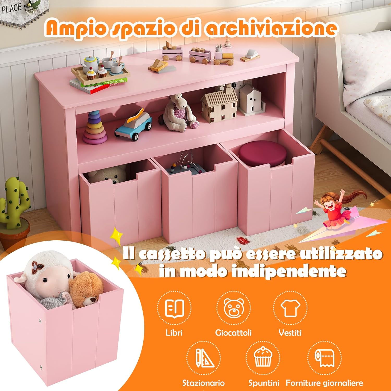 Armadio con 3 Cassetti, Scaffale di Legno con Ruote e Cubi per Giocattoli dei Bambini, Ampio Spazio, Organizer Durevole per Salone Camera da letto Camera dei bambini (Rosa)