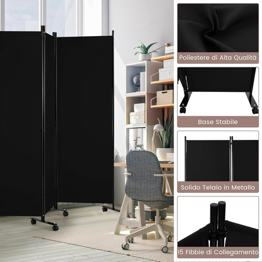 Paravento da Interno in Metallo, Separé Divisorio Interno Pieghevole con Piedini Stabili, Pannelli Divisori per Interni per Casa e Ufficio (Nero, 334,5 x 172 cm (6 Pannelli con ruote))