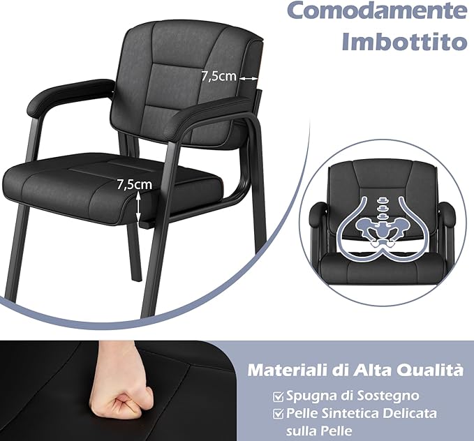 Set di 2 Sedie da Ufficio, Sedia per Sala d'Attesa con Struttura in Metallo, Braccioli Imbottiti, Sedia da Ospiti per Ufficio Riunioni, Portata 180kg (Nero)