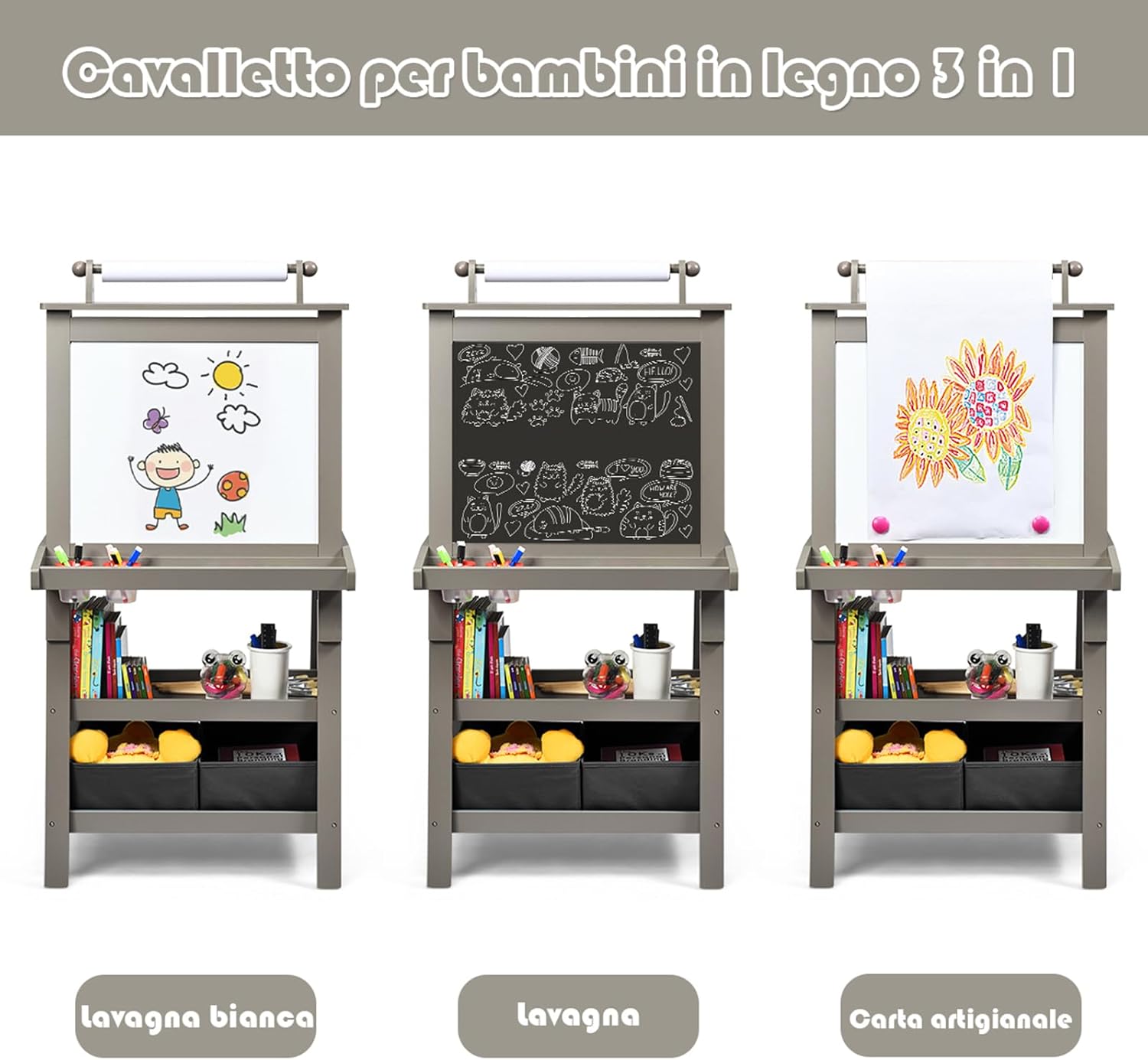 3 in 1 Cavalletto per Bambini con Doppia Faccia, Cavalletto per Disegno con 2 Vassoi e 2 Scatole, Lavagna Bambini in Legno (Grigio)