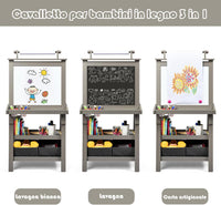 3 in 1 Cavalletto per Bambini con Doppia Faccia, Cavalletto per Disegno con 2 Vassoi e 2 Scatole, Lavagna Bambini in Legno (Grigio)