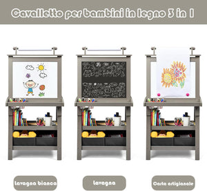 3 in 1 Cavalletto per Bambini con Doppia Faccia, Cavalletto per Disegno con 2 Vassoi e 2 Scatole, Lavagna Bambini in Legno (Grigio)