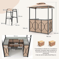 Set Bar da Patio a 3 Pezzi, Gazebo per Griglia e 2 Sgabelli da Bar con Tavolo in Vetro Temperato, Ripiani in Metallo, Portabicchieri, per Giardino Cortile e Spiaggia (Marrone)