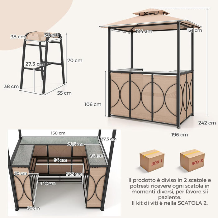 Set Bar da Patio a 3 Pezzi, Gazebo per Griglia e 2 Sgabelli da Bar con Tavolo in Vetro Temperato, Ripiani in Metallo, Portabicchieri, per Giardino Cortile e Spiaggia (Marrone)