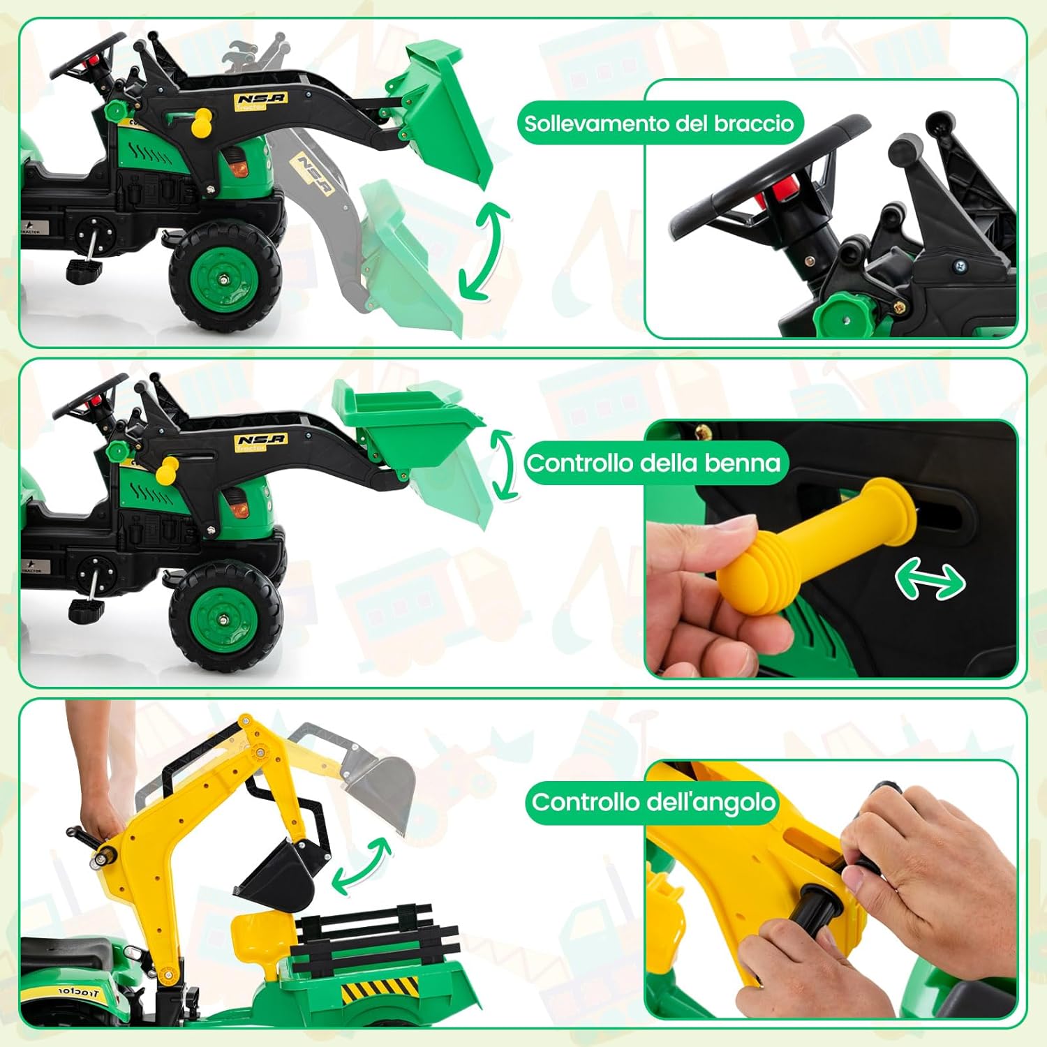 3 in 1 Escavatore per Bambini, Trattore con Rimorchio Staccabile Cavalcabile per Bambini, con 6 Ruote e 2 Benne, per Bambini 3-6 Anni (Verde)