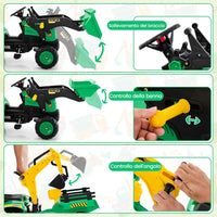 3 in 1 Escavatore per Bambini, Trattore con Rimorchio Staccabile Cavalcabile per Bambini, con 6 Ruote e 2 Benne, per Bambini 3-6 Anni (Verde)