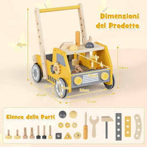 2-in-1 Carrello da Spinta in Legno, Girello per Bambini con Attrezzi Regolabili, Primi Passi con Banco da Lavoro, con Giocattoli Montessori,Velocità Regolabile, per Bambini 3+ Anni