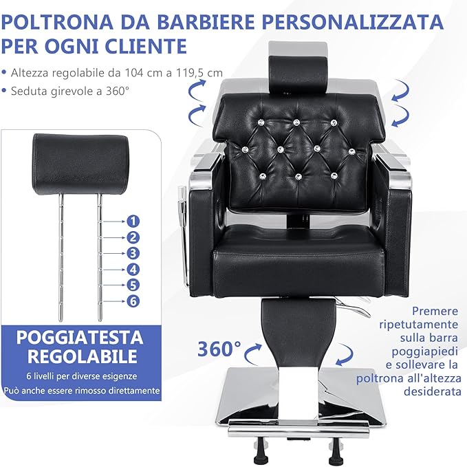 Poltrona da Barbiere Girevole, Attrezzatura Spa con Schienale Imbottito, Poggiatesta Regolabile a 6 Livelli, Pompa Idraulica Pesante, Portata 150 kg, Nero