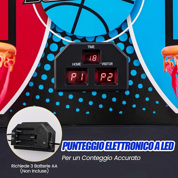 Macchina da Pallacanestro Elettronica Pieghevole, Gioco Arcade da Basket a Doppio Tiro per Casa con 8 Modalità di Gioco, Suono Arcade, Punteggio Elettronico, 4 Palloni e Pompa (Blu e rosso)