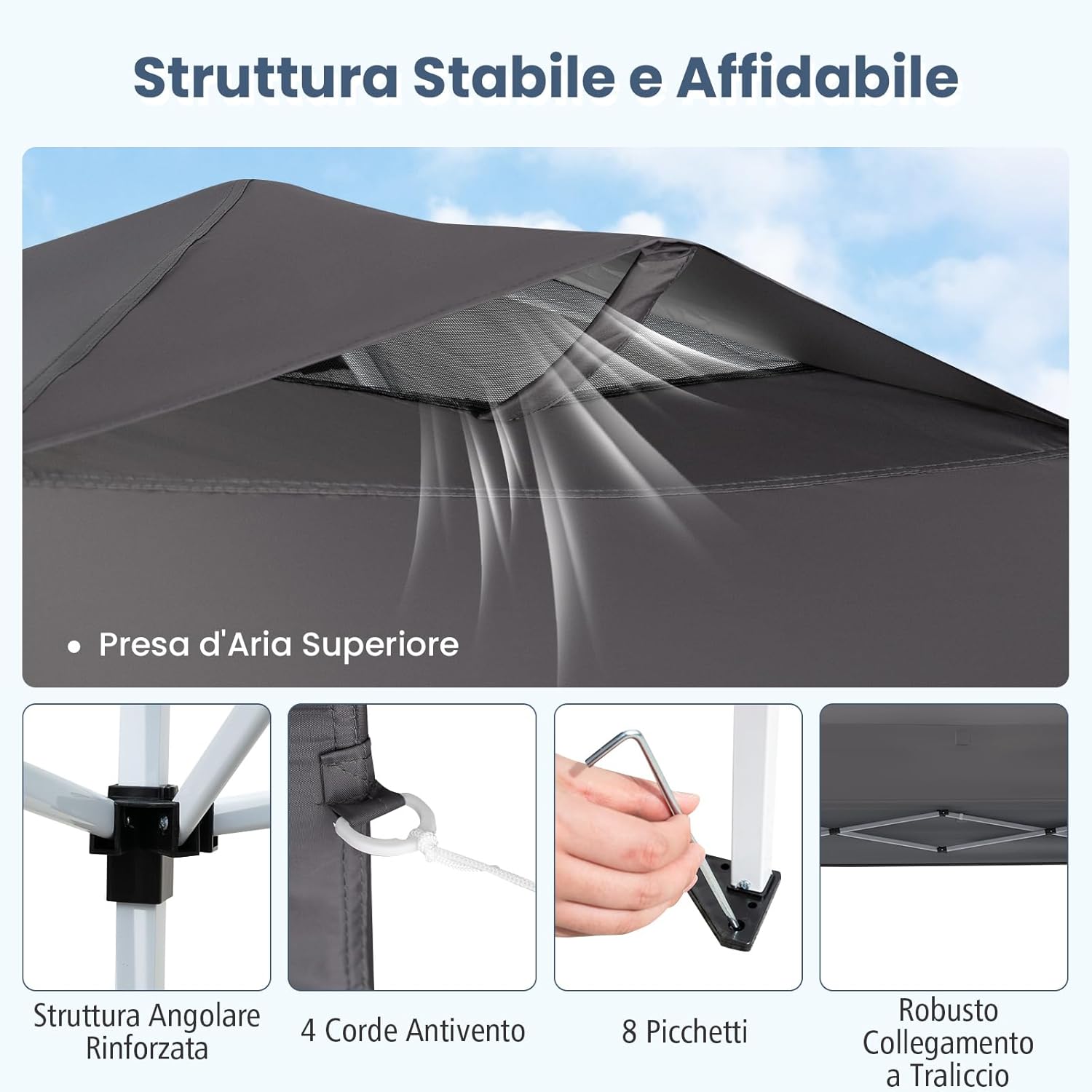 Gazebo Pop-up da 295 x 295 cm, Gazebo da Giardino Impermeabile con Blocco Centrale, Borsa da Trasporto Portatile, Corde Antivento, Picchetti, Tenda Regolabile in Altezza per Feste (Grigio)