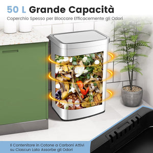 50L Cestino Automatico, Pattumiera Rettangolare con Sensore di Movimento Infrarosso, Coperchio a Chiusura Lento e Scatole di Carbonio Attivo, in Acciaio Inossidabile, 39x29,5x82 cm