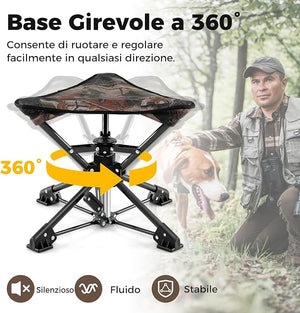 Sgabello da Campeggio Pieghevole, Sedia da Caccia Girevole a 360° con Piedi Anti-Affondamento, Borsa da Trasporto Compatta e Leggera, Piccolo Sgabello da Esterno Portara 150 kg (Mimetico)