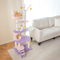 Albero per Gatti da 158 cm, Torre per Gatti Multi-livello Viola con Scala, Pali Graffiati Rivestiti di Sisal, Piattaforme, Giocattoli a Stella Pendenti e Cuccia