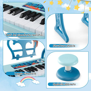 Pianoforte per Bambini a 37 Tasti, Strumento Musicale Elettronico con Microfono Regolabile e Leggio Rimovibile, Sgabello Abbinato, per Bambini di 3+ Anni (Blu)