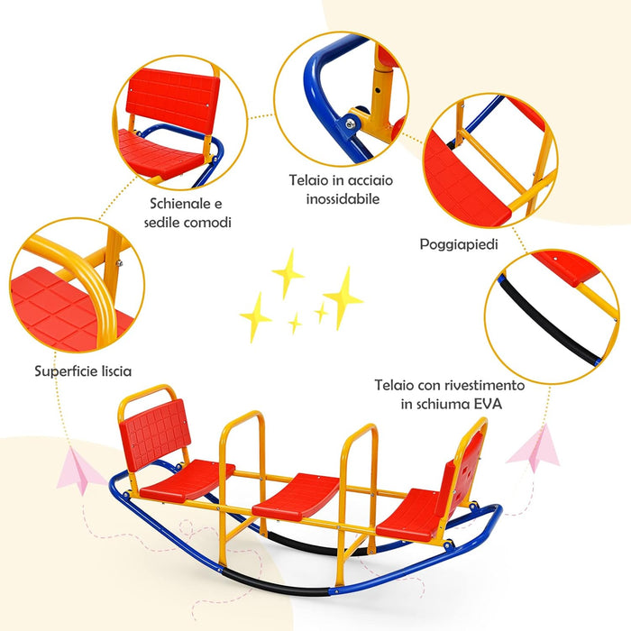 Altalena Saliscendi per Bambini, Altalena Basculante Oscillante di Metallo con Maniglie, Altalena Basculante per Interno ed Esterno, 3 Posti a Sedere (Rosso)