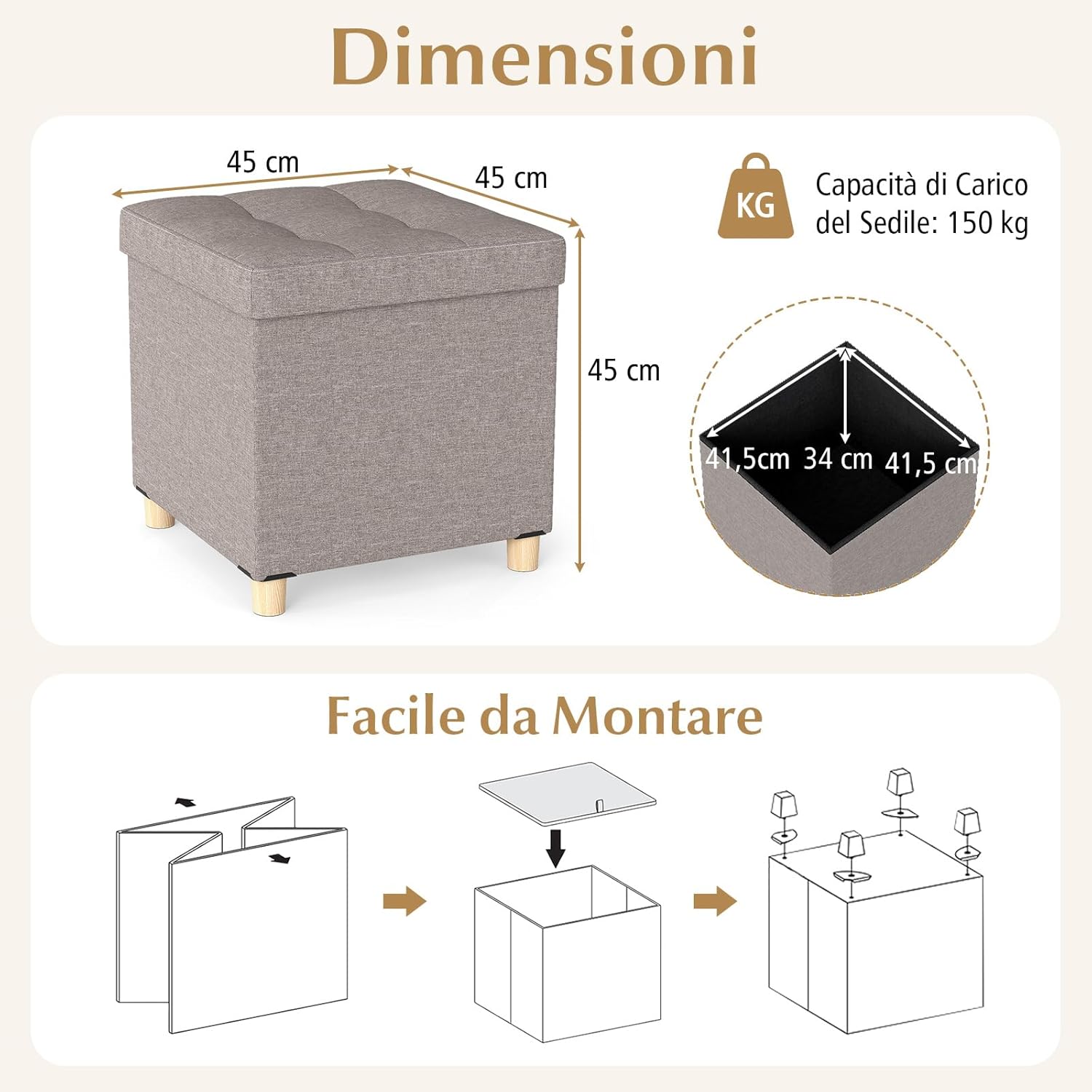 Pouf Contenitore da 45 cm, Sgabello con Vassoio e Gambe in Legno di Gomma, Poggiapiedi Imbottito, Sgabello per Scarpe Quadrato per Soggiorno, Portata 150 kg (Grigio)