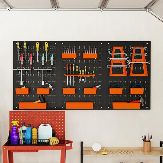 Pannello Forato da Muro, Organizzatore con 9 Contenitori, Supporti per Martelli, Portautensili e Ganci, Ideale per Garage e Officina (Arancia)