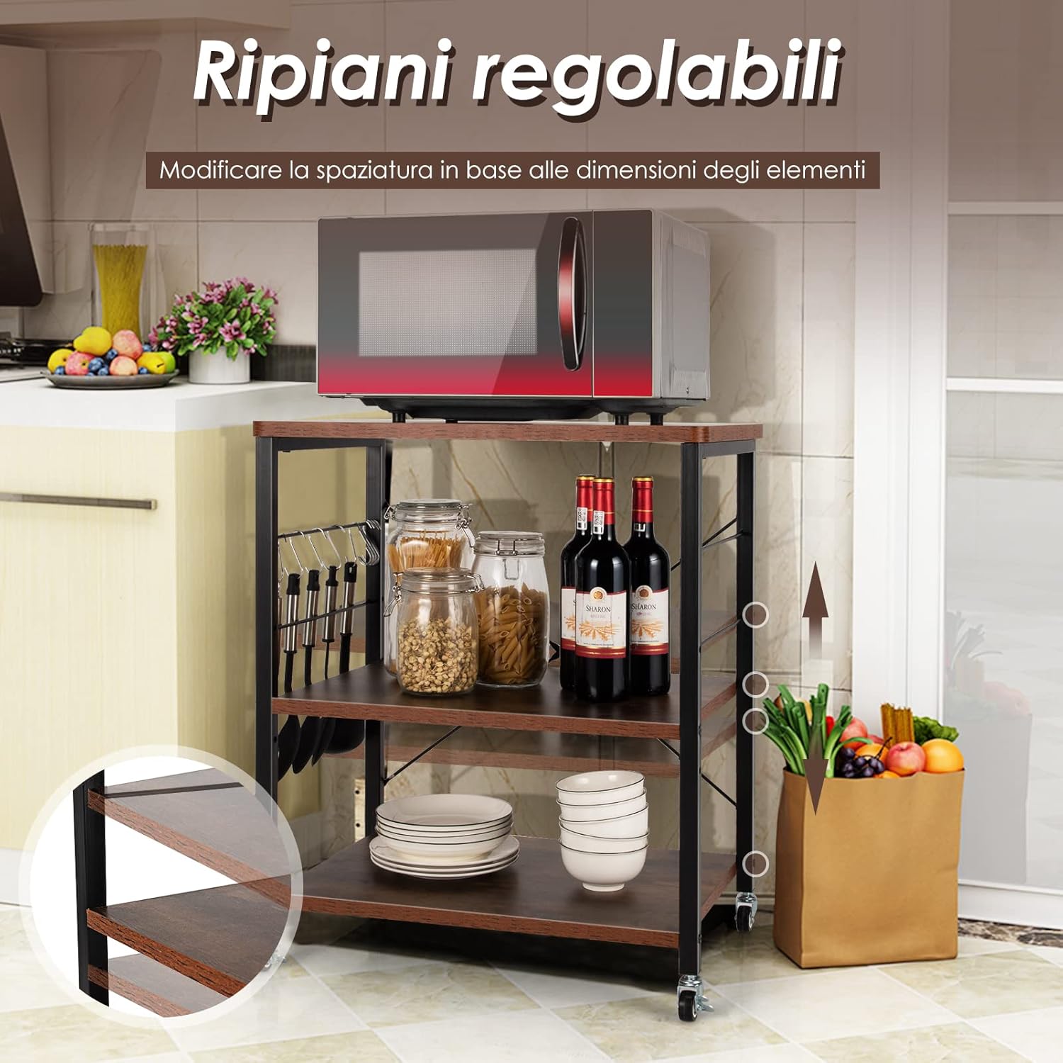 Carrello da Cucina con 10 Ganci Rimovibili, Scaffale per Pasticceria con 3 Livelli, Scaffale con Struttura di Metallo con Ruote Bloccabili per Bar Ristorante Hotel, 60 x 40 x 73,5 cm (Marrone)