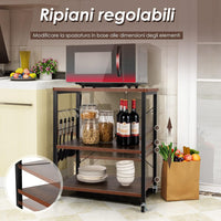 Carrello da Cucina con 10 Ganci Rimovibili, Scaffale per Pasticceria con 3 Livelli, Scaffale con Struttura di Metallo con Ruote Bloccabili per Bar Ristorante Hotel, 60 x 40 x 73,5 cm (Marrone)