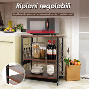 Carrello da Cucina con 10 Ganci Rimovibili, Scaffale per Pasticceria con 3 Livelli, Scaffale con Struttura di Metallo con Ruote Bloccabili per Bar Ristorante Hotel, 60 x 40 x 73,5 cm (Marrone)