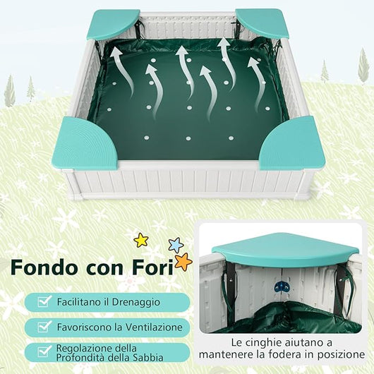 Sabbiera per Bambini, Sabbiera da Cortile con 4 Sedute Angolari e Copertura in Oxford, per Cortile Spiaggia Prato, 123,5 x 123,5 x 31,5 cm
