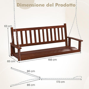 Altalena da Giardino in Legno per 3 Persone, Panchina Sospese in Legno con Capacità di Peso di 360 kg, Sedia a Dondolo per Giardino, Cortile (168 x 65 x 63 cm, Marrone)