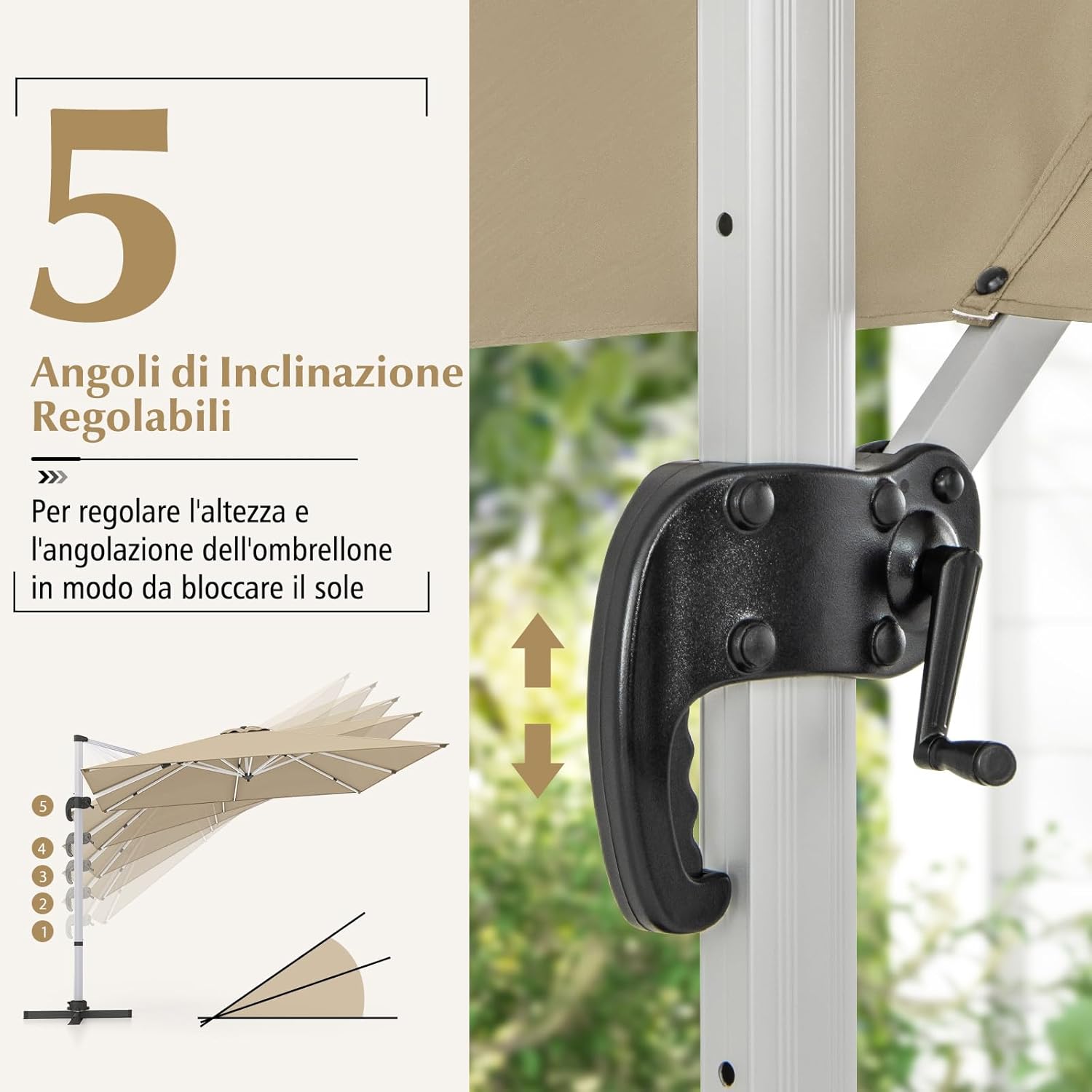 Ombrellone da Giardino 300 cm, Ombrellone Quadrato da Esterno con Rotazione a 360°, Inclinazione Regolabile, Base a Croce, 8 Stecche (Beige, 300 x 300 x 261 cm)